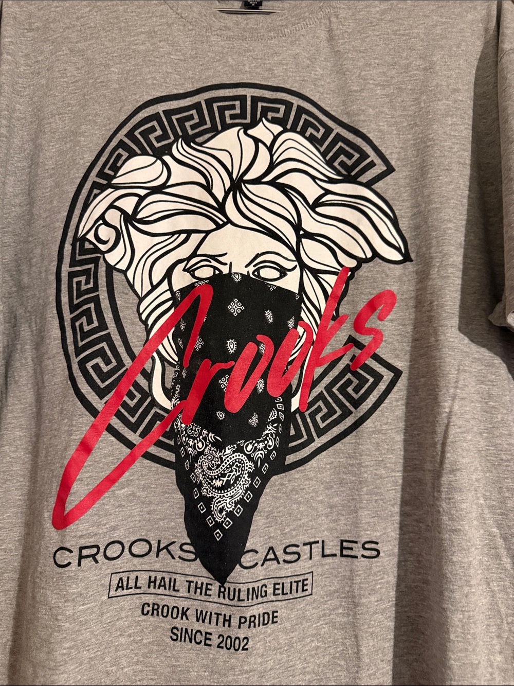 Vintage Y2K Crooks & Castles Gray Tee with Black Graphic and Red Script - Picture 2 of 5